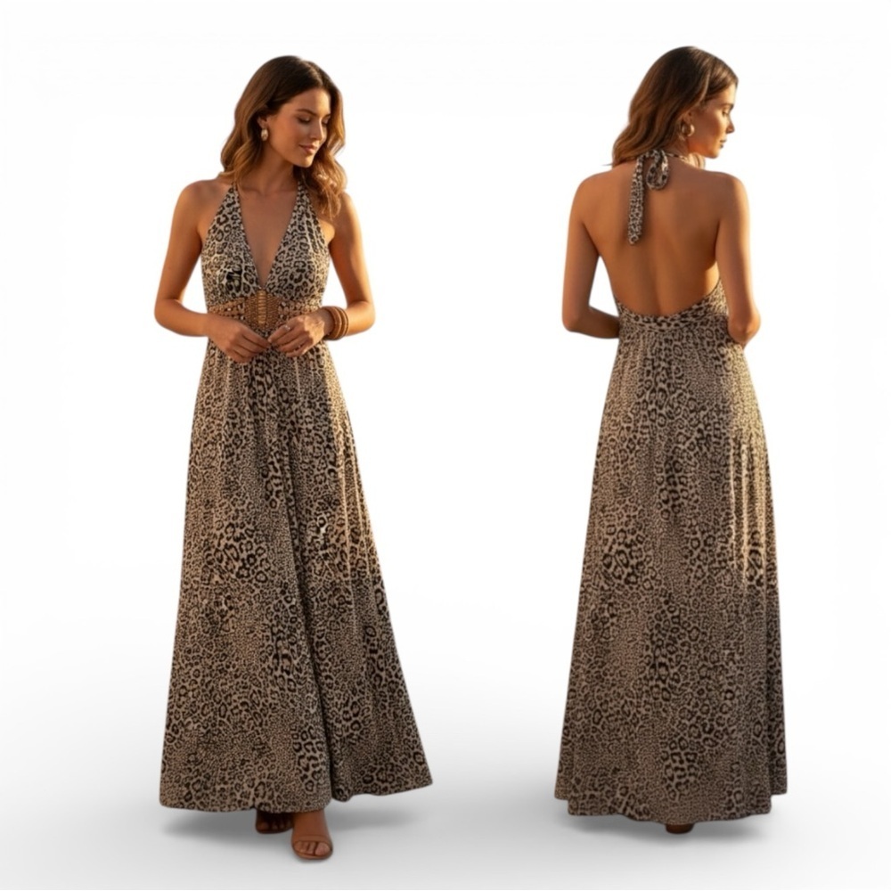 Sky Leopard Print Rhinestone Beaded Maxi Dress XS Halter Open Back Glam Y2K NWT